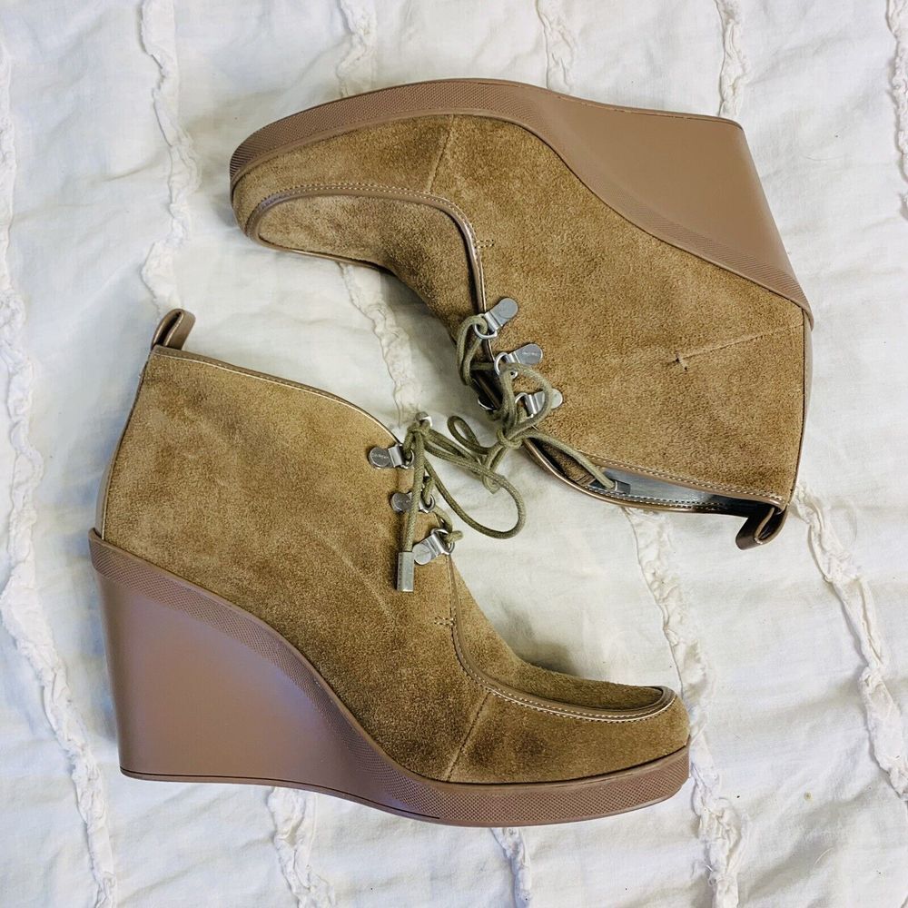 Calvin Klein (8) Penelope Wedge Booties Womens Tan Suede Lace-Up Ankle